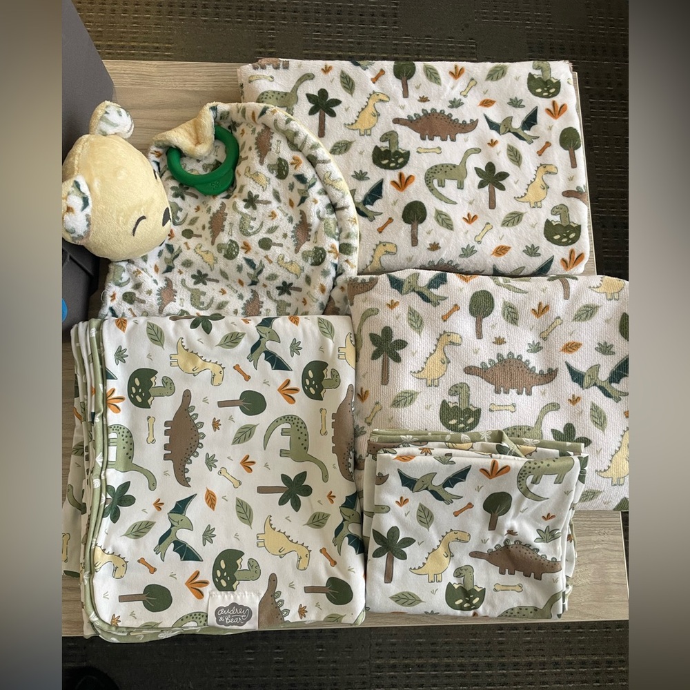 Dino Print Baby Blanket Set - Green and Brown